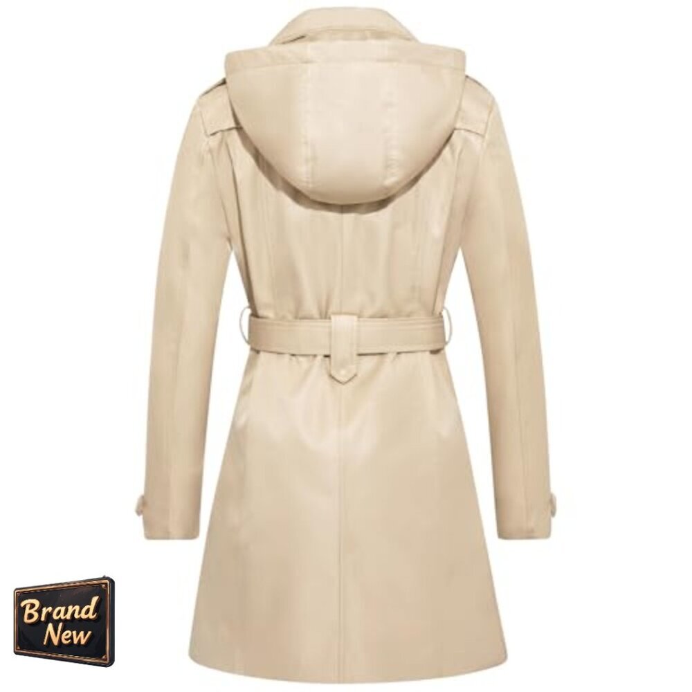 Waterproof Trench Coat with Removable Hood, Double Breasted, Belted Lapel - Picture 2 of 7